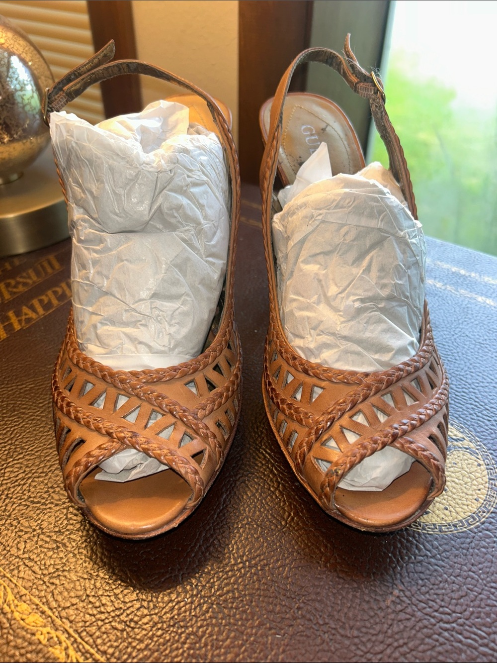 Guess Women's Brown Braided Peep-Toe Slingback Wedges